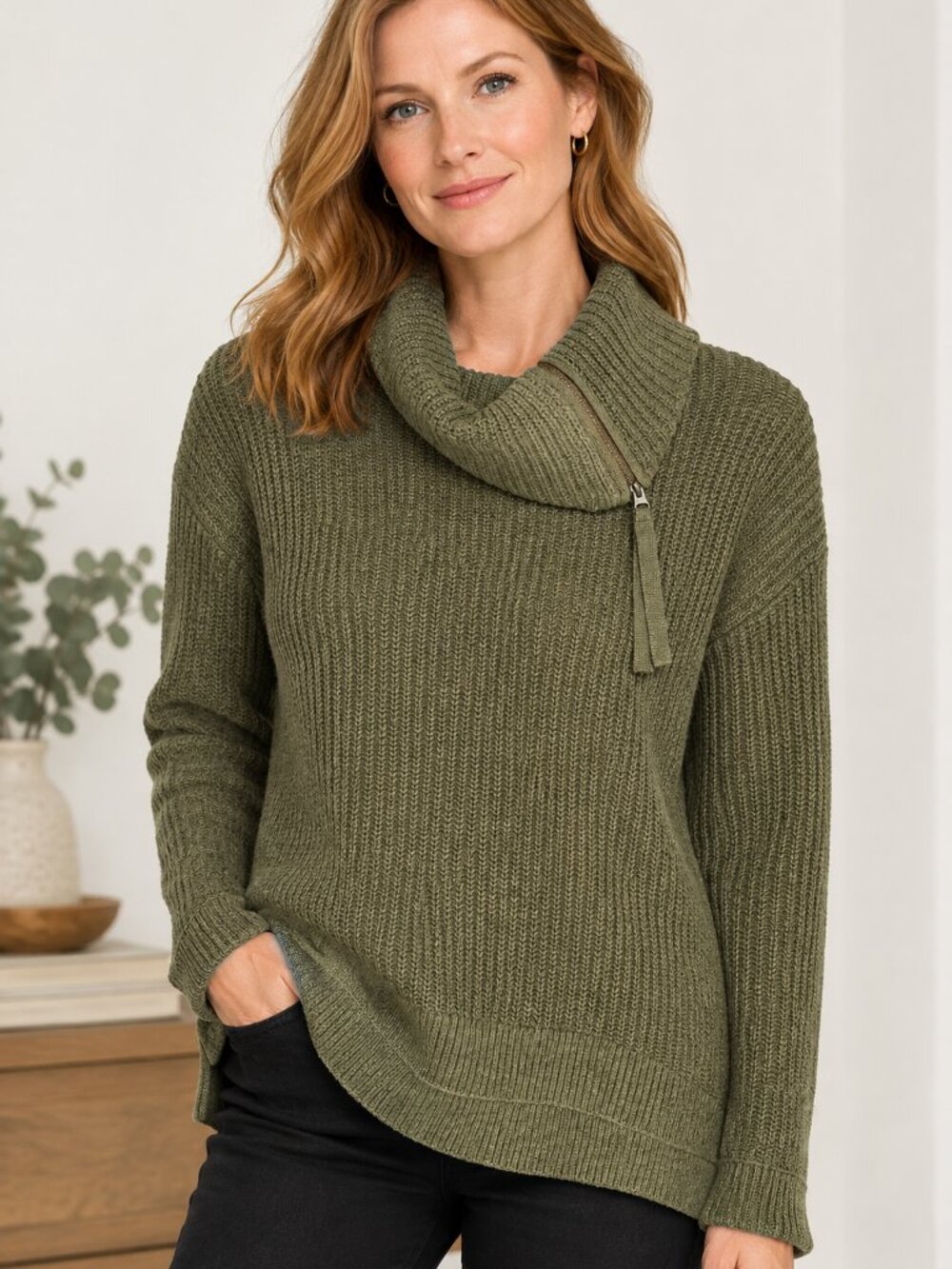 Max Studio olive green cowl neck sweater size XS